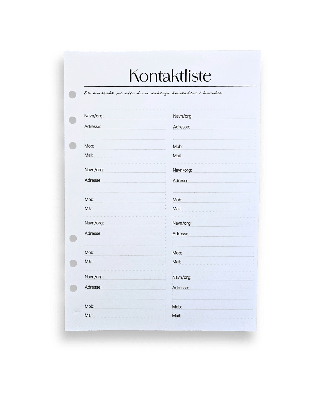 Kontaktliste à 2 stk dobbeltsidig A5 ark
