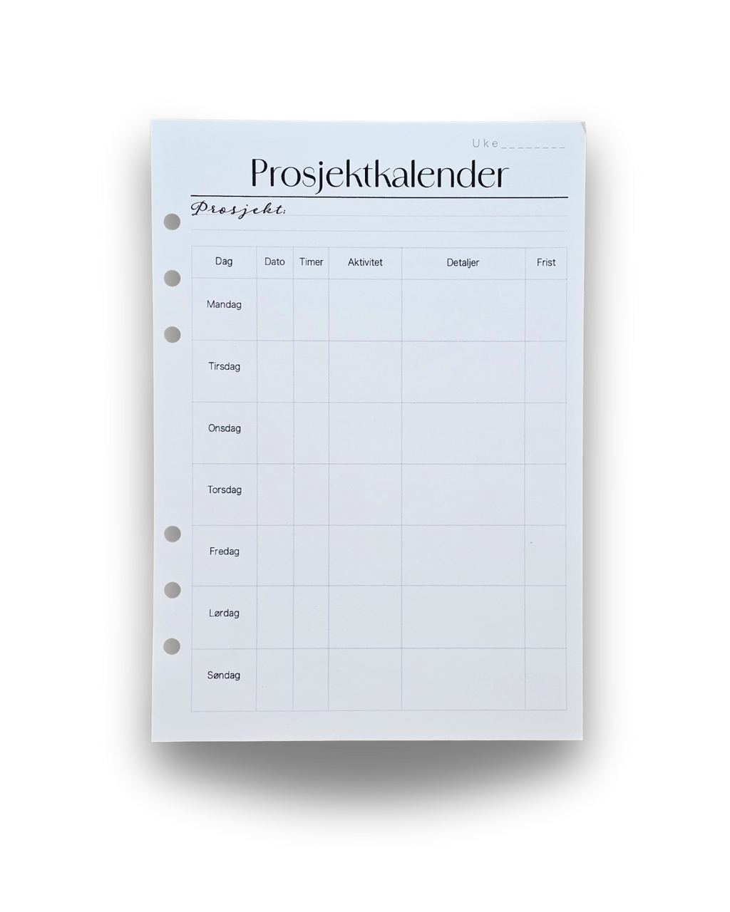 Prosjektkalender (med hullfeil) 12 uker - 25,-